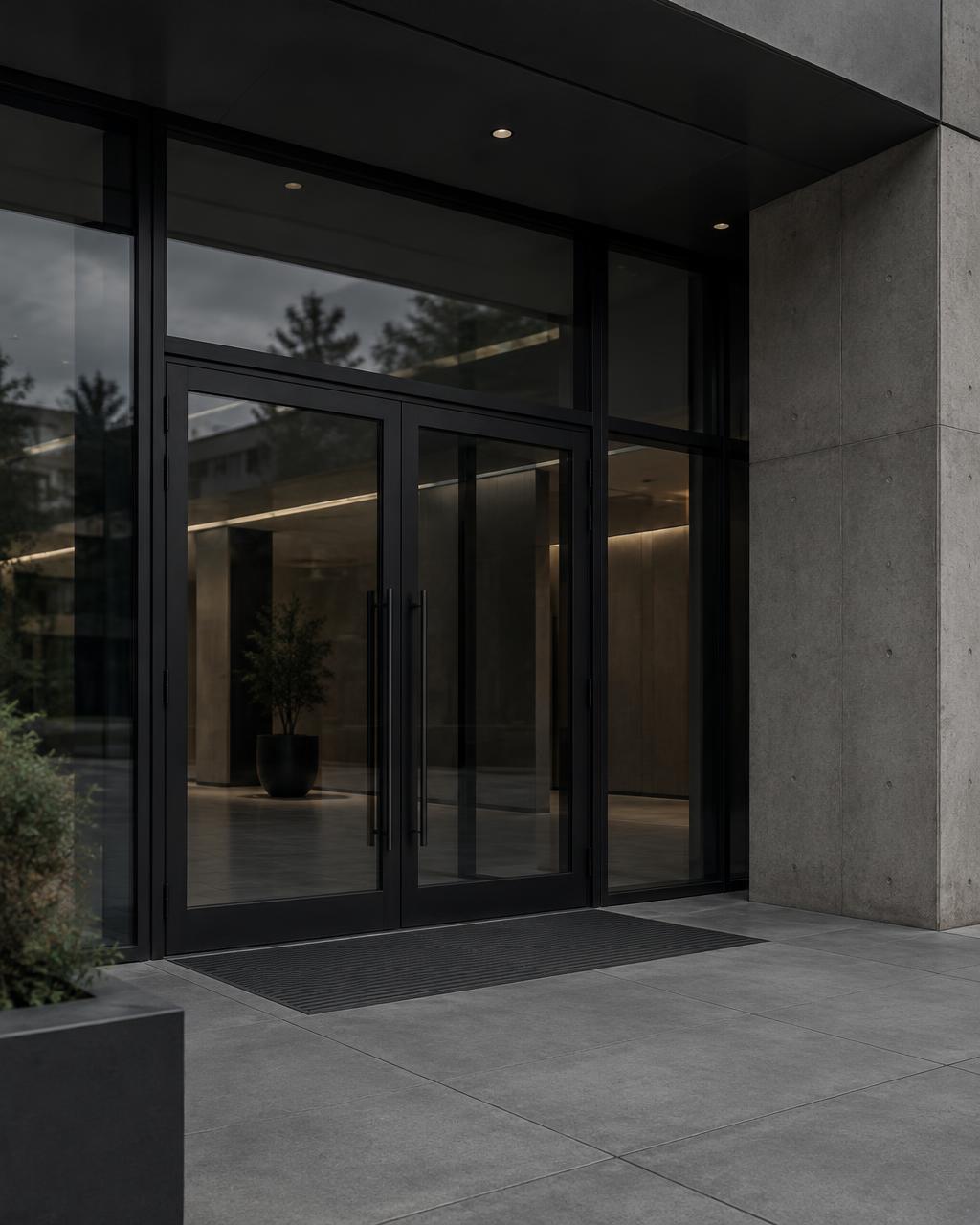 Architektonisch gestalteter Gewerbeeingang mit Glastüren